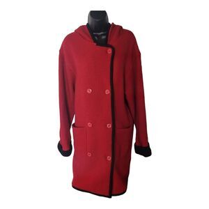 Women's Vintage Retro Fiery Red Wool Pea Coat Double Breasted Hooded Sz Small